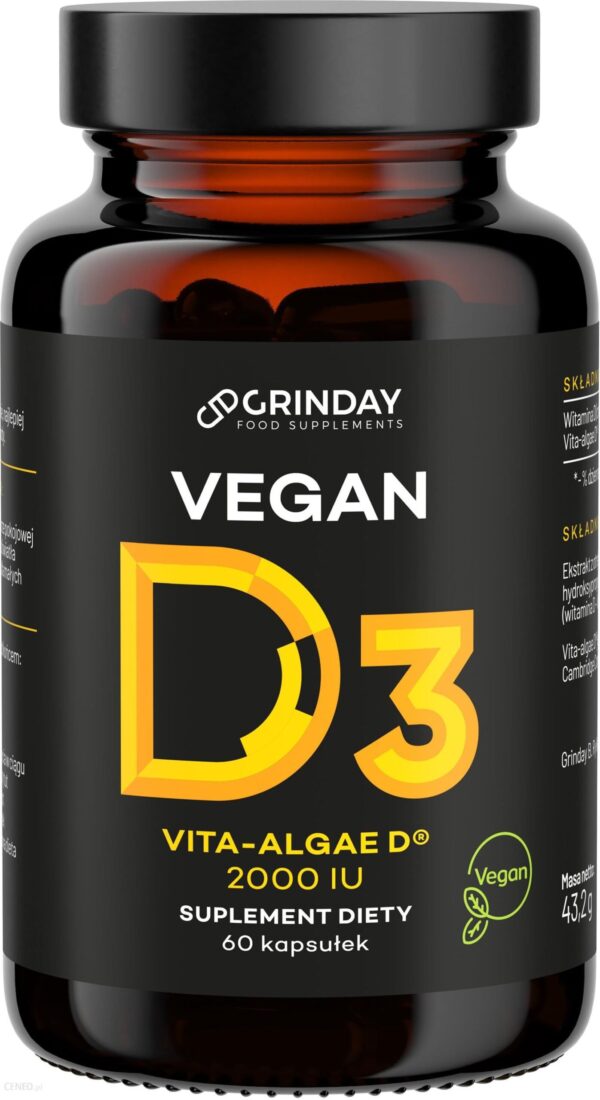 Grinday Vegan D3 - wegańska witamina D3 z alg - suplementy diety - 2000 IU/60 kapsułek.